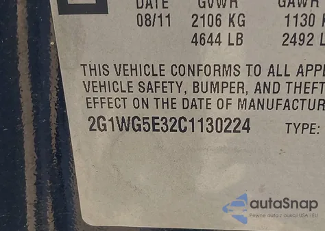 2012 Chevrolet Impala Lt z USA, uszkodzony, nr VIN 2G1WG5E32C1130224